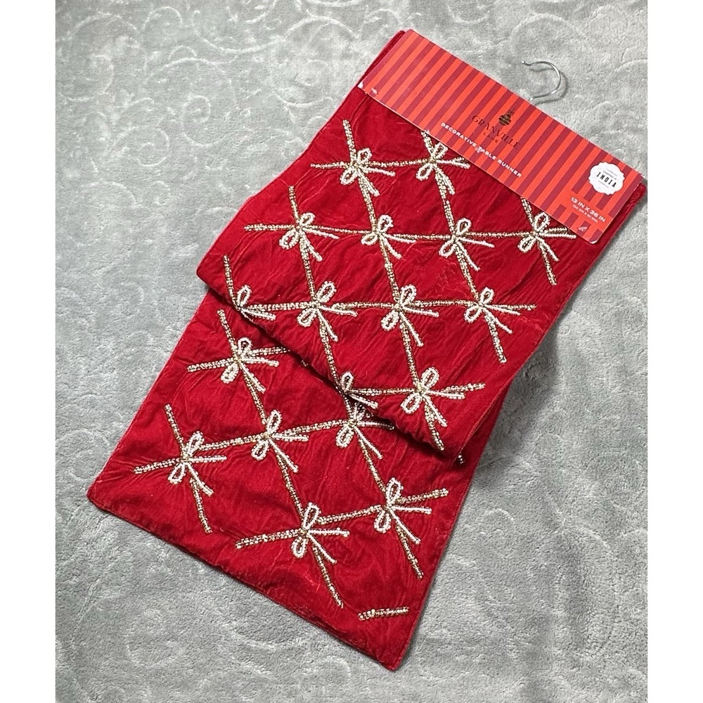 Ornate Christmas Red Bows Velvet Table Runner 36" Beaded Rhinestones Pearls